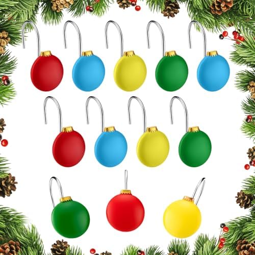 Thyle 12 Pcs Christmas Ball Shower Curtain Hooks, Christmas Ball Ornament Decorative Rings Xmas Shower Curtain Hooks Holiday Decorative for Bathroom Accessories