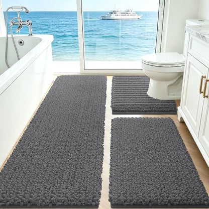 ACCUMTEK Upgrade Extra Large Grey Bathroom Rug Set 3 Pieces Gray Ultra Soft, Thick Absorbent Bath Mats, Non Slip Chenille Toilet Mat for Bathroom, Bedroom, Kitchen, Charcoal