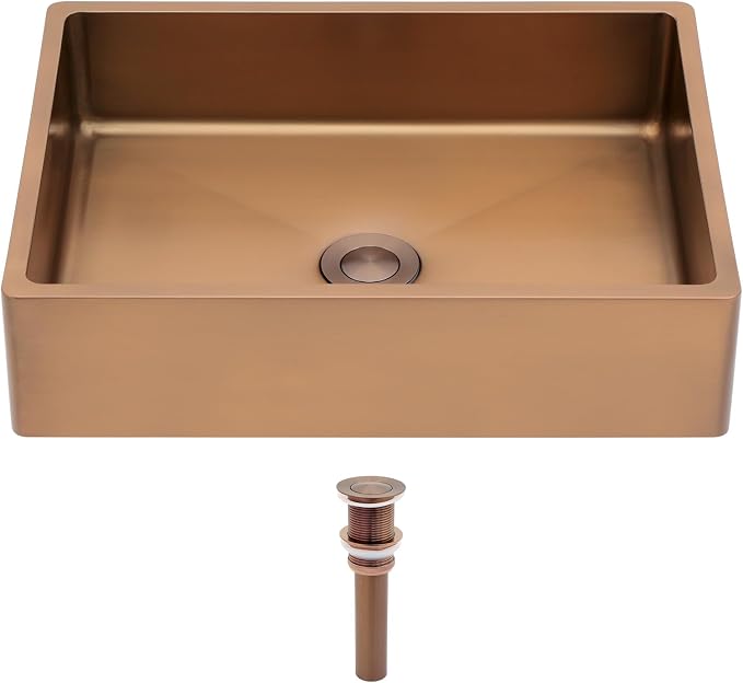 Logmey 16" Rose Gold Shallow Bathroom Vessel Sink 16x12 Handmade 16 Gauge Stainless Steel Above Counter Rectangle RV Bathroom Sinks with Pop up Drain Set