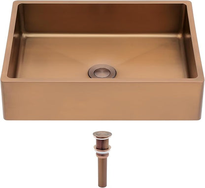 Logmey 16" Rose Gold Shallow Bathroom Vessel Sink 16x12 Handmade 16 Gauge Stainless Steel Above Counter Rectangle RV Bathroom Sinks with Pop up Drain Set