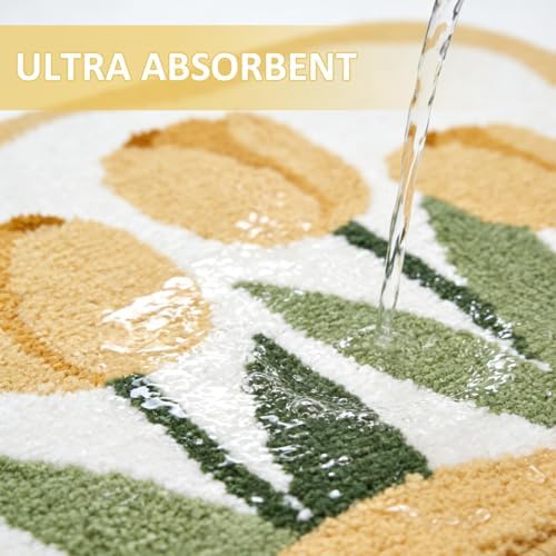 Tulip Flower U-Shaped Toilet Mat, Romantic Floral Non-Slip Bath Rug with Wave Edge Design, Soft Absorbent Microfiber Floor Mat for Toilet Base, Machine Washable Bathroom Decor (U-shaped Yellow)