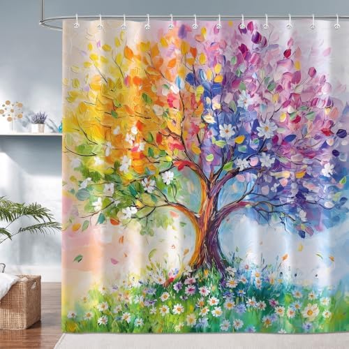 Watercolor Oil Painting Tree Shower Curtains, Colored Seasons Trees Floral Fabric Shower Curtain Set Colorful Abstract Aesthetic Bath Curtain for Bathroom Decor Waterproof Cloth with Hooks 72X84 Inch