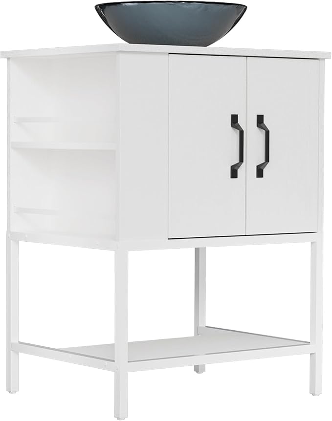 VNN Small Bathroom Vanity with Sink - 24 Inch Vanity with Sink, Freestanding Cabinet with Open Shelf, Modern Iron Wood Bathroom Cabinet with Countertop Tempered Glass Vessel, White