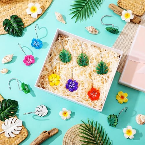 Thyle 12 Pcs Hawaiian Tropical Leaf Hibiscus Flower Shower Curtain Hooks, Colorful Resin Ornament Rings Summer Shower Curtain Hooks Decorative Rings for Home Holiday Bathroom Restroom Accessories