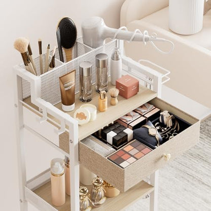 3 Tier Bathroom Organizer Shelf with Drawer, Rolling Makeup Cart