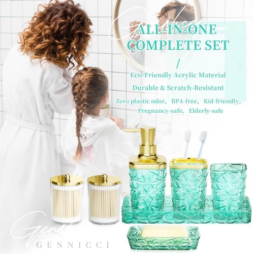 Bathroom Accessories Set, 7 Pcs Teal Bathroom Set, Acrylic Soap Dispenser and Toothbrush Holder Set, Qtip Holder Set, Bathroom Sink Set, Gift for Home Apartment