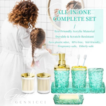 Bathroom Accessories Set, 7 Pcs Teal Bathroom Set, Acrylic Soap Dispenser and Toothbrush Holder Set, Qtip Holder Set, Bathroom Sink Set, Gift for Home Apartment