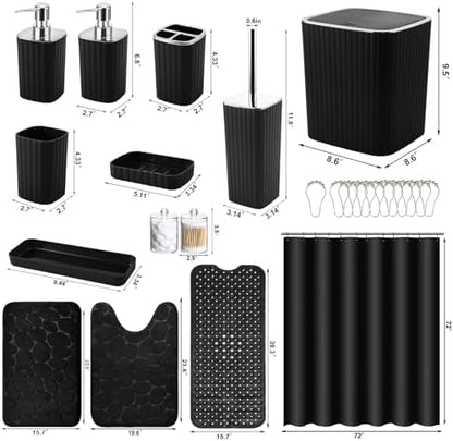 XLHOMO 26PC Bathroom Accessories Set - Gorgeous Black Bathroom Set, Bathroom Accessory Set, Black Shower Curtain Set with Bathtub Mats for Shower Tub