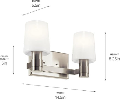 Kichler Adani 2-Light Vanity, Modern Light with Opal Glass in Brushed Nickel, Bathroom or Powder Room (8.25" x 14.5"), 55175NI