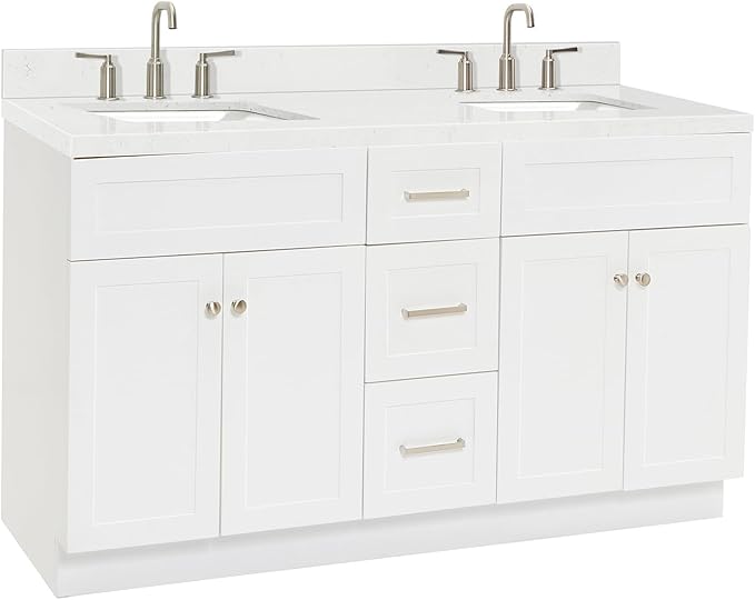 ARIEL Hamlet 60-inch Bathroom Vanity with Sink,Solid Wood, 1.5-inch Carrara White Quartz Countertop & Backsplash, Double Rectangular Porcelain Sink, 4 Soft Closing Doors, 3 Dovetail Drawers, White