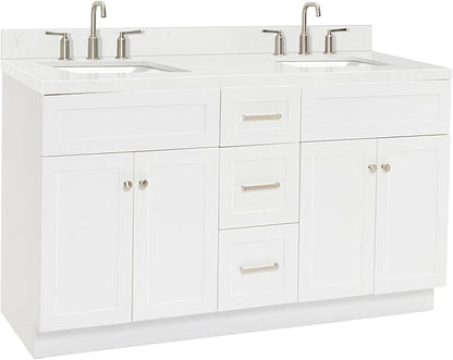 ARIEL Hamlet 60-inch Bathroom Vanity with Sink,Solid Wood, 1.5-inch Carrara White Quartz Countertop & Backsplash, Double Rectangular Porcelain Sink, 4 Soft Closing Doors, 3 Dovetail Drawers, White