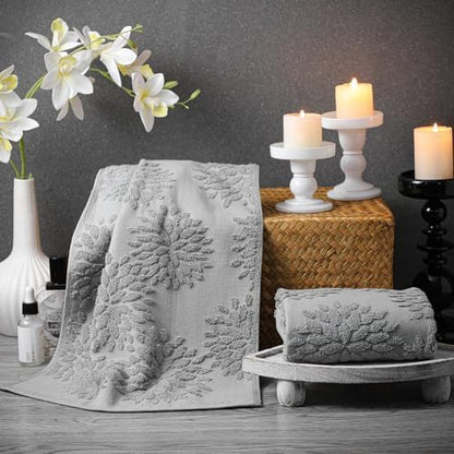 SmoothNovelty 2 Pcs Light Gray Dahlia Jacquard Hand Towels for Bathroom