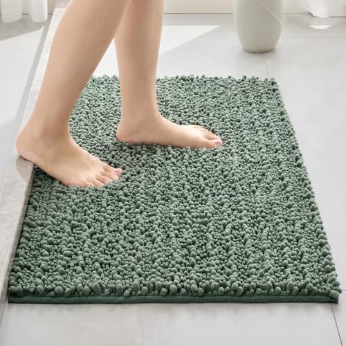 Disolla Small Bath Mat 17x24 Inch - Chenille Sage Green Bathroom Rug, Extra Soft Absorbent Plush Shaggy Bathmat, Non-Slip Machine Washable Floor Mat for Shower, Tub and Sink