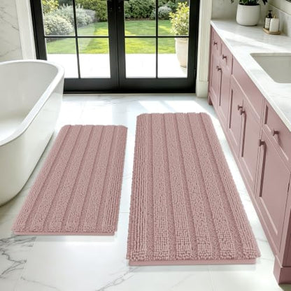 ACCUMTEK Striped Dusty Pink Bathroom Rug Mat Set 2 piece 24"x17"+48"x20" Ultra Soft, Non Slip Chenille Bath Rugs, Absorbent Plush Shaggy Bath Mats for Bathroom, Bedroom, Kitchen, Shower, Tub