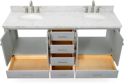 ARIEL Cambridge 72-inch Bathroom Vanity with Sink,Solid Wood, 1.5-inch Italian Carrara Marble Countertop & Backsplash, Double Oval Porcelain Sink, 4 Soft Closing Doors, 6 Dovetail Drawers, Grey