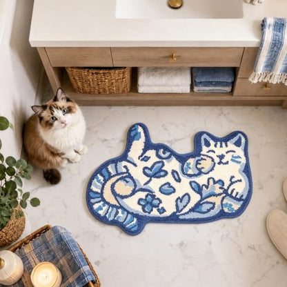 Cute Cat Bath Mat, Unique Blue Small Fun Bathroom Rug