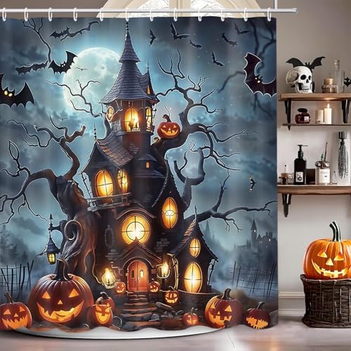MEHOFOND Halloween Evil Pumpkin Shower Curtain Horror Castle Bath Curtain