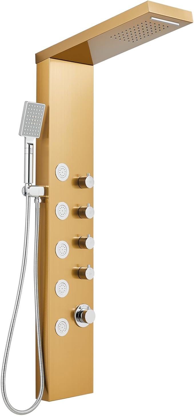 ROVOGO Gold Shower Panel Tower System with 4 Simultaneous Functions: Rainfall, Waterfall, Body Jets and Handheld, 304 Stainless Steel Shower Column Wall-Mount