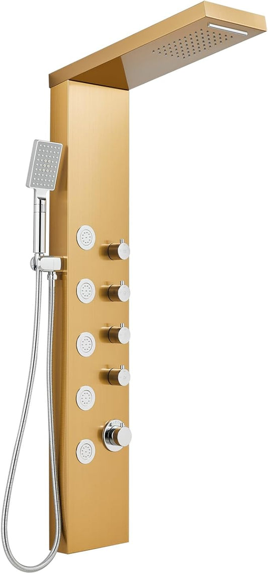ROVOGO Gold Shower Panel Tower System with 4 Simultaneous Functions: Rainfall, Waterfall, Body Jets and Handheld, 304 Stainless Steel Shower Column Wall-Mount