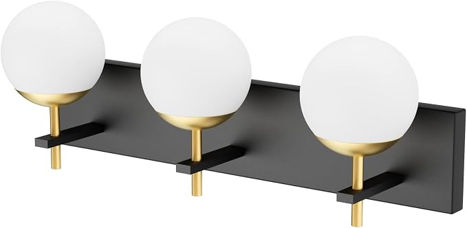 Ralbay Mid Century Modern 3-Light Milky Glass Globe Vanity Lights - Black and Gold Bathroom Wall Lighting