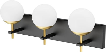 Ralbay Mid Century Modern 3-Light Milky Glass Globe Vanity Lights - Black and Gold Bathroom Wall Lighting