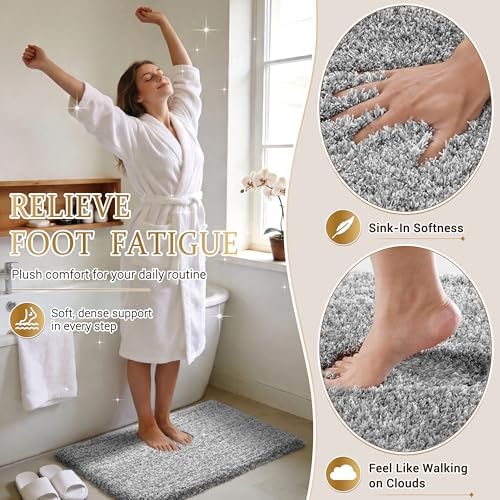 Yimobra Luxury Bathroom Rugs, Fluffy Bath Mats, Non Slip, Water Absorbent Microfiber, Machine Washable, Plush Runner Shower Rugs, Thick Matts for Bathroom Floor&Tub, 56" X 24", Light Gray and White