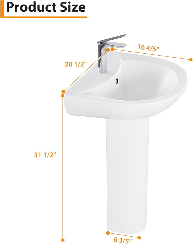20" Bathroom Pedestal Sink - White Ceramic Vanity Sink with Overflow, Single Hole Faucet Pre-Drilled, Freestanding Restroom Sink Combo for Small Spaces