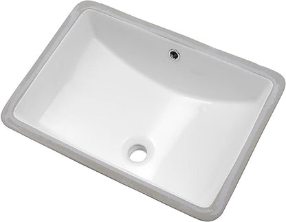 Undermount Bathroom Sink Rectangle 21x14 Inch White Rectangular Porcelain Ceramic Vessel Sink with Overflow, Under Counter Lavatory Vanity