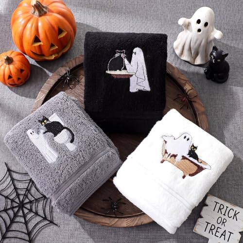 FuWeave 3 Pcs Black White Halloween Ghost Hand Towels for Bathroom