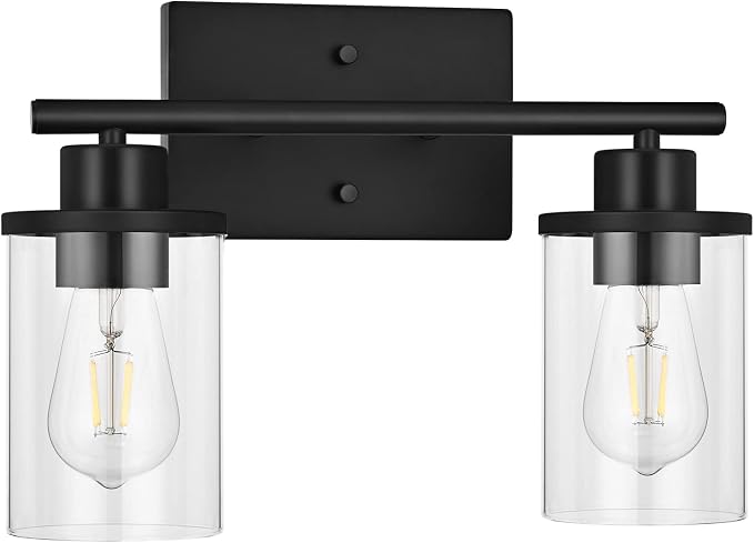 EDISHINE Bathroom Light Fixtures, 2-Light Bathroom Vanity Light with Clear Glass Shades, Matte Black Vanity Lights, Vintage Wall Sconces for Bedroom Living Room Hallway, E26 Base (Bulbs Not Included) | E26 Base (Bulbs Not Included), Vintage Wall Sconce...