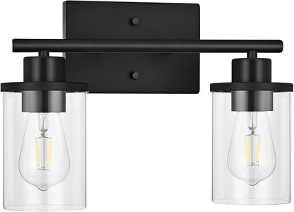 EDISHINE Bathroom Light Fixtures, 2-Light Bathroom Vanity Light with Clear Glass Shades, Matte Black Vanity Lights, Vintage Wall Sconces for Bedroom Living Room Hallway, E26 Base (Bulbs Not Included) | E26 Base (Bulbs Not Included), Vintage Wall Sconce...