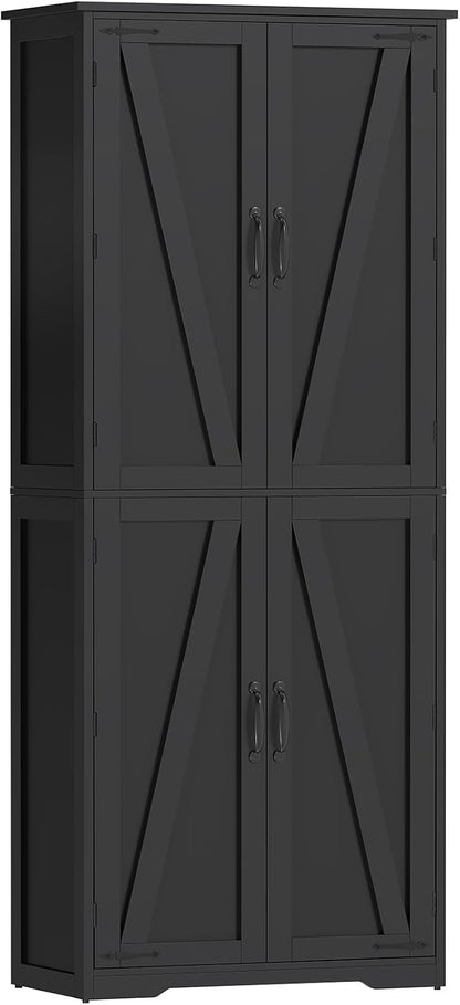 TEENFON Tall Storage Cabinet, Kitchen Cabinet with 4 Shelves, Adjustable Shelves, Pantry Cabinets with 4 Barn Doors, Tall Kitchen Cabinets for Dining Room, Living Room, Black