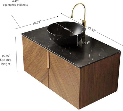 36 Inch Bathroom Vanity with Sink Combo, Floating Vanity Bathroom with Vessel Sink, Modern Bathroom Vanity Cabinet with Doors, Sintered Stone Countertop and Black Bowl Sink,Brown Oak