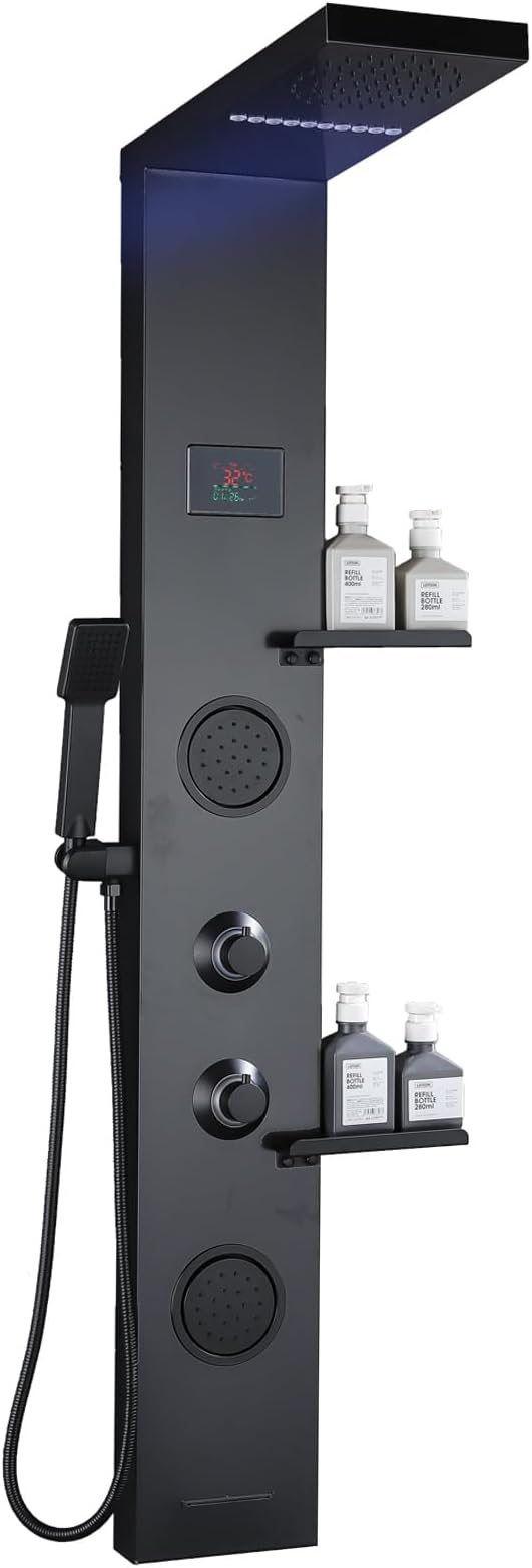 LCD Temperature Display Rainfall Shower Panels Tower System with Storage Shelf, Matte Black LED Light 304 Stainless Steel with Handheld Massage Body Jets Water Waterfall Bathtub