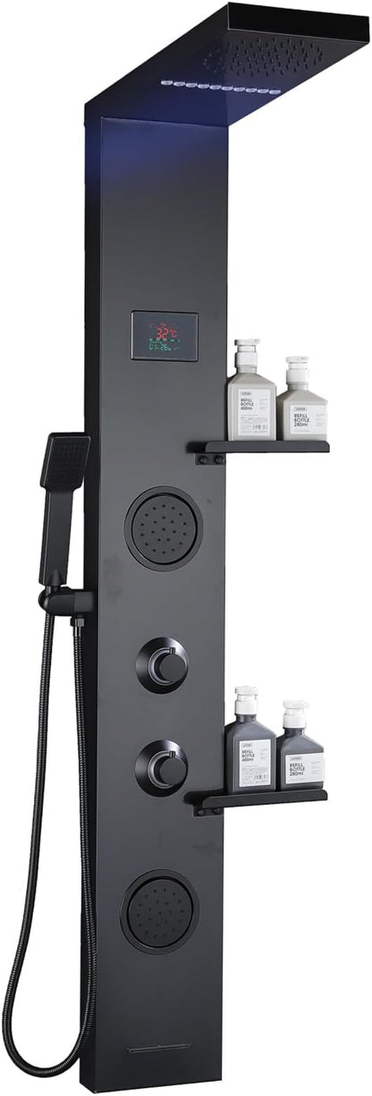 LCD Temperature Display Rainfall Shower Panels Tower System with Storage Shelf, Matte Black LED Light 304 Stainless Steel with Handheld Massage Body Jets Water Waterfall Bathtub
