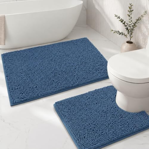 Bathroom Rugs Sets 2 Piece,Super Absorbent Soft,Thick,Machine Washable Chenille Bath Mat,Non Slip Toilet Floor Rug,Bath Mats for Bathroom,20x32 Plus 20x20 U Shape,Denim Blue