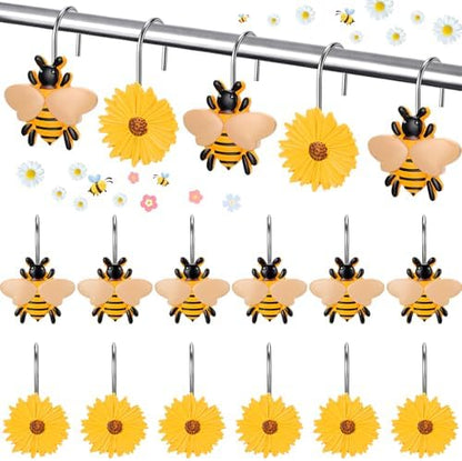 Thyle 12 Pcs Spring Daisy Flower Bee Shower Curtain Hooks, Spring Flower Resin Ornament Rings Cute Yellow Shower Curtain Hooks Decorative Rings for Home Holiday Wedding Bathroom Bedroom Accessories