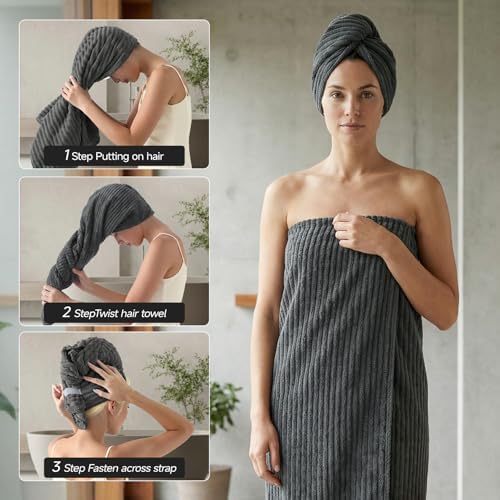 REDKISS Charcoal Gray Bath Towels Set 8 Piece - Microfiber Bathroom Towels of 8 Large, Highly Absorbent Bath Towel, Soft Shower Towel for Bathroom, 2 Bath Sheet 2 Hand 2 Washcloths 2 Hair Towel Wrap