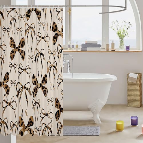jejeloiu Cute Bowknot Shower Curtain for Bathroom Decor 72"x78" Black Brown Girls Bow Bath Curtain Kawaii Leopard Bathroom Accessories Waterproof Polyester Fabric for Stalls Bathtubs Princess Decor