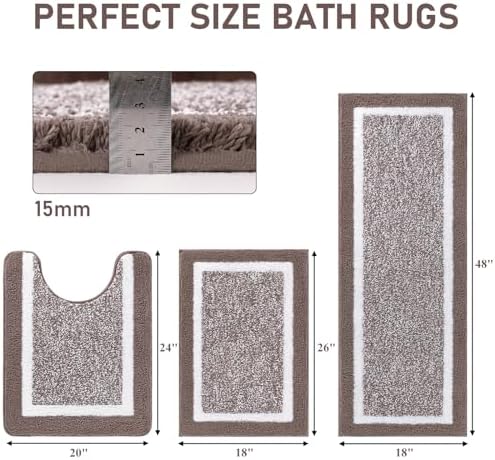 Pauwer Bathroom Rugs 3 Piece Set, Non Slip Washable Bath Mat, Coffee