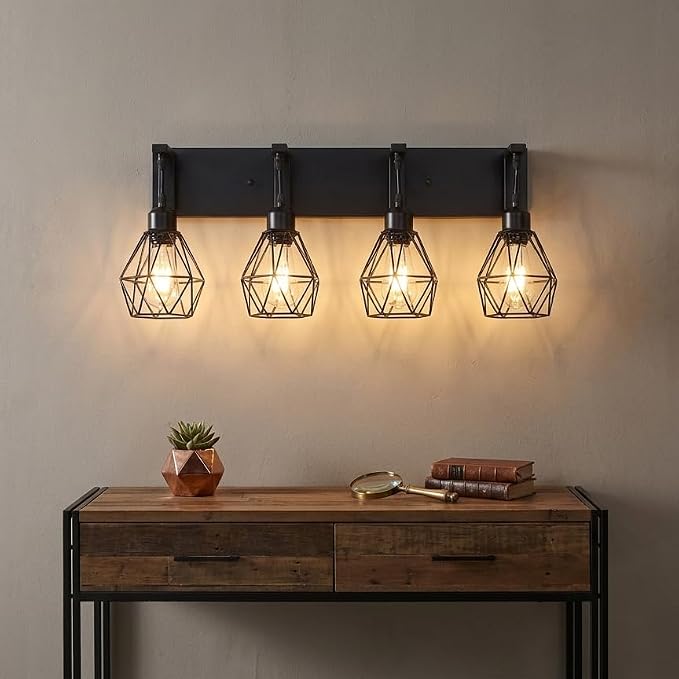 Somniferous 4 Light Bathroom Vanity Light, Farmhouse Bathroom Light Fixtures Over Mirror, Black Vanity Light with Caged Metal Shade, Rustic Wall Light Fixture for Bedroom, Living Room, E26 Socket