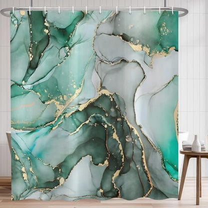 Green Marble Shower Curtain, Modern Abstract Luxury Green Gold Ink Texture Watercolor Art Bathroom Curtains Ombre Machine Washable Waterproof Fabric Bathtub Curtain Set with Hooks 36" Wx72 L