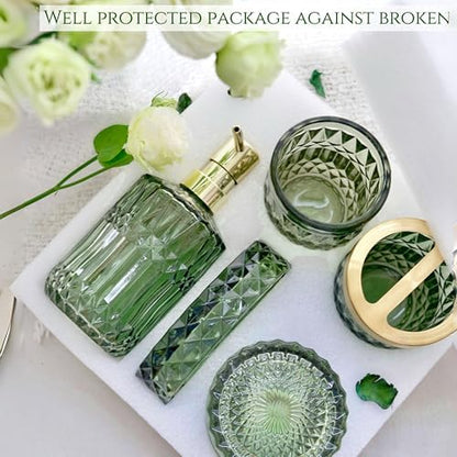 LaMarriti Green Bathroom Accessories Set, 6 Pcs Clear Glass Bathroom Set