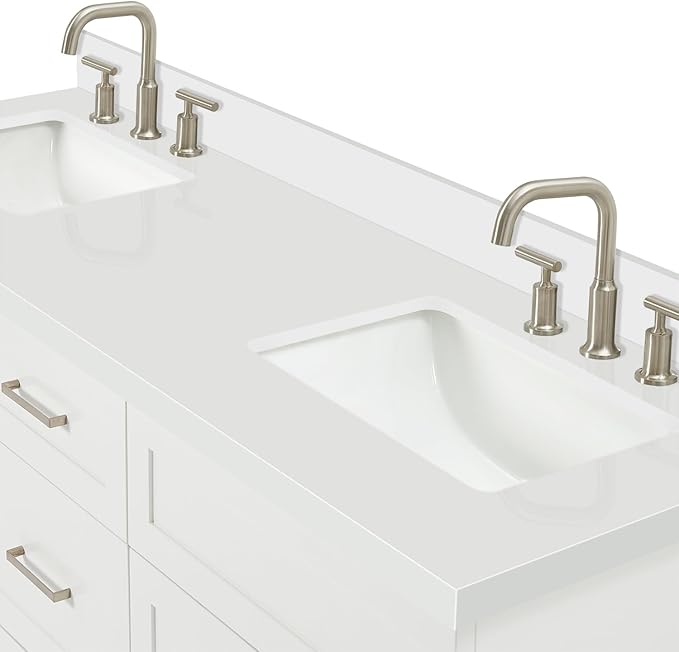 ARIEL Hamlet 66-inch Bathroom Vanity with Sink,Solid Wood, 1.5-inch Pure White Quartz Countertop & Backsplash, Double Rectangular Porcelain Sink, 4 Soft Closing Doors, 3 Dovetail Drawers, White