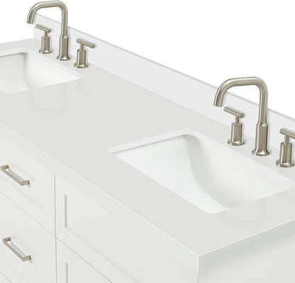 ARIEL Hamlet 66-inch Bathroom Vanity with Sink,Solid Wood, 1.5-inch Pure White Quartz Countertop & Backsplash, Double Rectangular Porcelain Sink, 4 Soft Closing Doors, 3 Dovetail Drawers, White