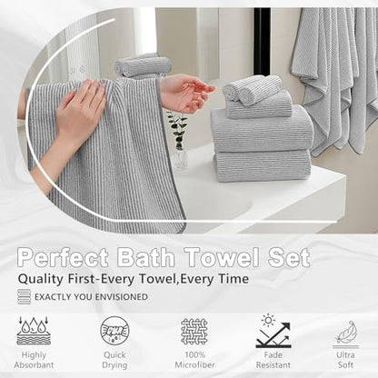 8-Piece Premium Towel Set for Bathroom|2 Oversized Large Bath Sheet,2 Hand Towels,4 Washcloths|Soft Cozy Highly Absorbent Fast Dry Microfiber Shower Towel Set for Hotel Bathroom Essentials,Grey