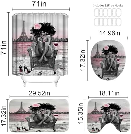 African American Woman Bathroom Shower Curtain Set, Pink Grey