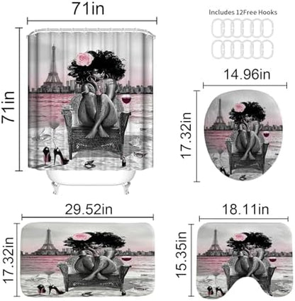 African American Woman Bathroom Shower Curtain Set, Pink Grey