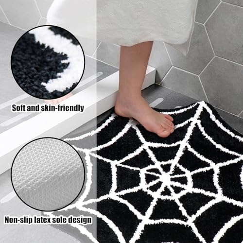 Meetory Spider- Web Bath Mat, 31×20" Halloween Bath Mat Non-Slip Rugs Spiderweb Rug Machine Washable Goth Area Rugs Gothic Rug for Front Door, Bedroom, Living Home (Black+White)