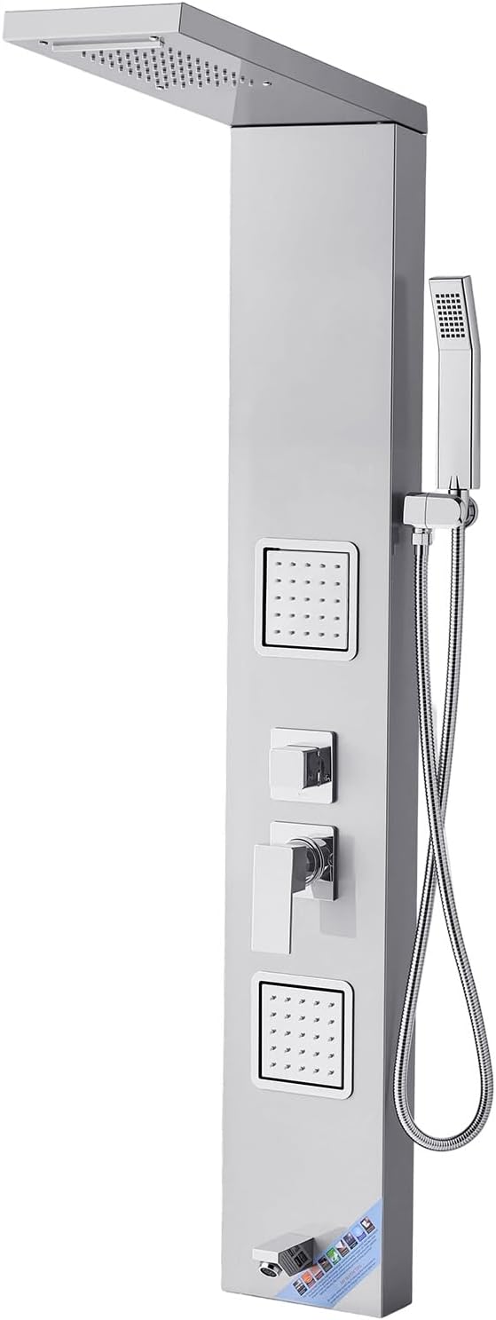 VEVOR Shower Panel Tower System with Rainfall Waterfall Shower Head, 53 in Brushed Stainless Steel Shower Column, 5-Function Faucet, Wall-Mount Rain Massage System with 2 Body Jet, Handheld, Tub Spout